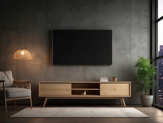 Modern Living Room with TV, Wooden Cabinet, and Plant