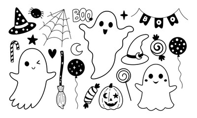 Fototapeta premium Black and white Halloween ghost clipart. Black ghost clipart. Halloween doodle. Spooky season. Hand drawn vector illustration.