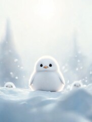 Adorable fluffy penguin chick standing in the snow with a soft-focus background of snowy landscape and other similar chicks.