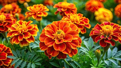 French marigold with vibrant orange and yellow flowers in full bloom surrounded by green leaves, tagetes patula, french marigold