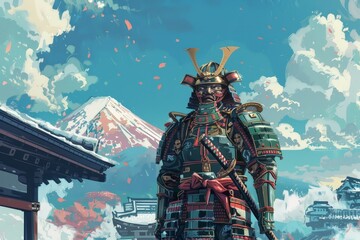 A slightly cartoonish samurai, exuding coolness with detailed, colorful armor and a dynamic stance.