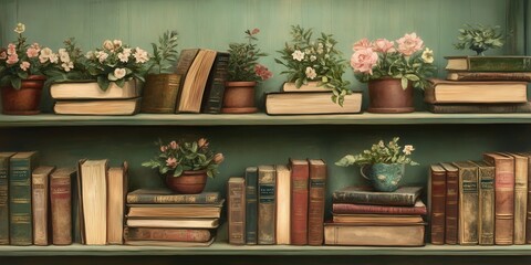 A charming bookshelf adorned with vibrant flowers and a variety of books, creating a warm and inviting atmosphere.