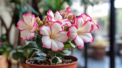 Closeup of adenium plant with double pink-white flowers.