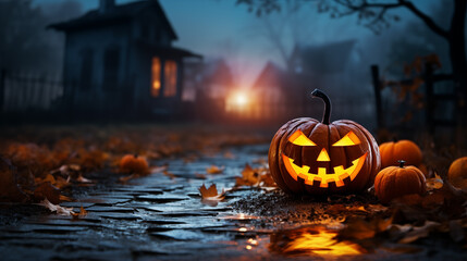 Picture of Halloween holiday. Orange pumpkins, bats and different scary decorations