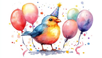 Sweet watercolor cartoon bird with a party hat, celebrating among balloons and confetti