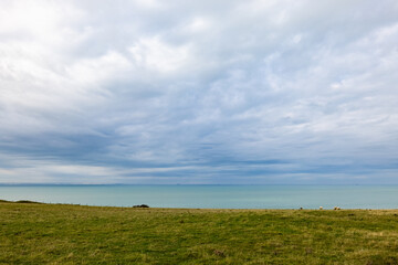 Obraz premium Peaceful view of a serene coastline with green fields, blue ocean, and cloudy sky stretching into the horizon