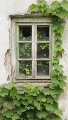 A rustic window surrounded by lush green vines, showcasing nature's beauty intertwined with old architecture.