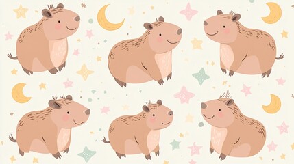 Cartoon capybaras with abstract stars and moons on a pastel-colored background
