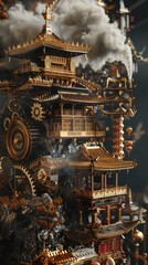 Fototapeta premium A intricate model of a Chinese pagoda with gears, steam, and golden accents.
