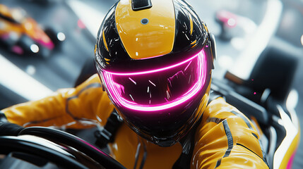 A racer wearing a yellow and black helmet with a pink visor looks forward in the middle of a race