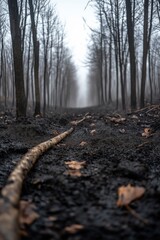 Fototapeta premium Burnt forest showing ash covered ground after wildfire
