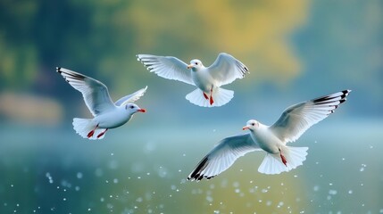 Obraz premium White Gulls. Blue green background.