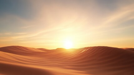 Obraz premium A stunning desert landscape at sunset, showcasing golden sand dunes under a colorful sky with soft clouds.