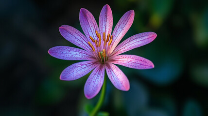 Fototapeta premium A close-up view of a vibrant violet flower blooming in a lush garden during golden hour, showcasing intricate petals and delicate features