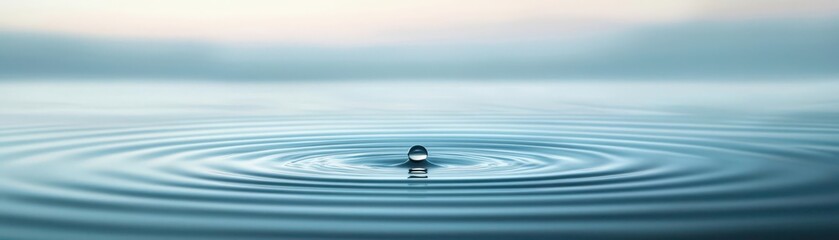 Single droplet on calm water, ripples spreading out, serene beauty, tranquility of water dynamics, peaceful and soothing scene, soft reflections, gentle waves