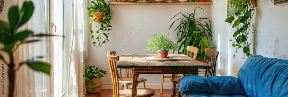 Sticker Blue sofa beside wooden table with plants in a rustic dining area featuring plates on the white wall.