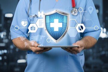 Medical cybersecurity. Doctor hold set of medical icons