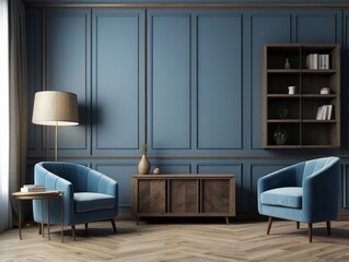 Blue Velvet Armchairs in a Modern Living Room with Wood Accents