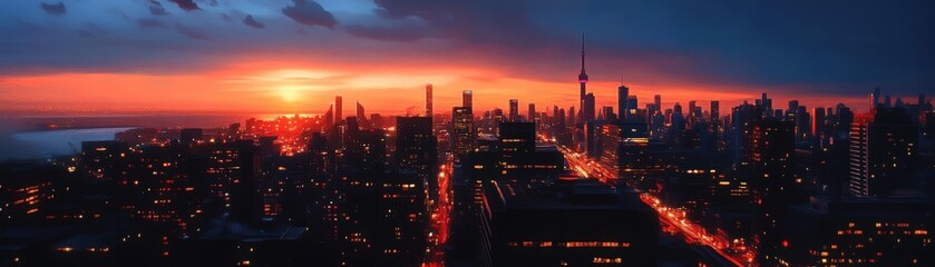 Obraz premium A breathtaking cityscape at sunset, showcasing vibrant colors and silhouetted skyscrapers against a dramatic sky.