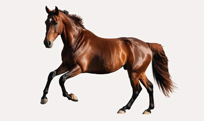 Obraz premium A brown horse gallops across a white background