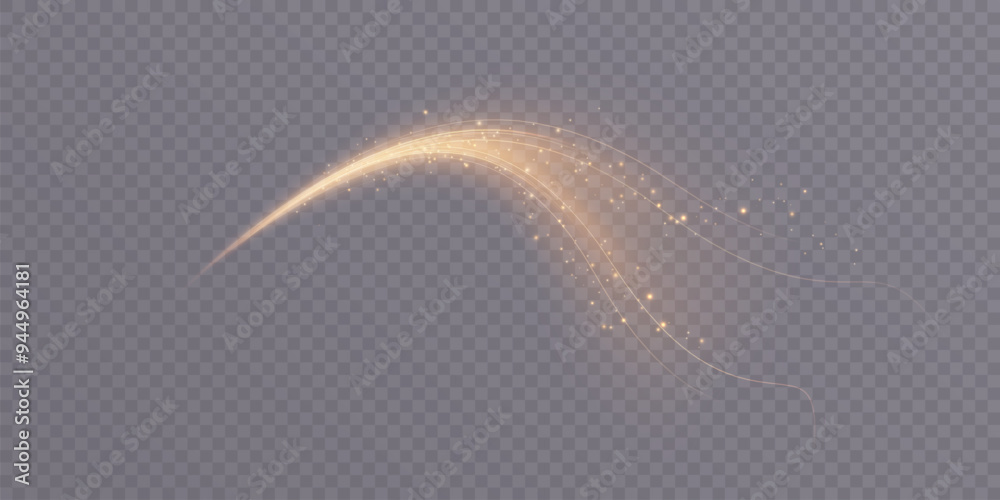 Poster bright magical golden christmas glow effect. the comet sparkles with curved lines. glowing stardust 