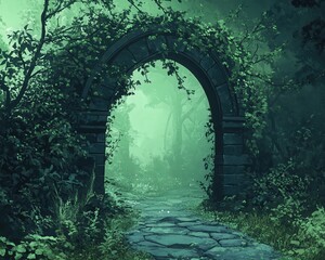 A mystical stone archway enveloped in lush greenery, leading into a foggy forest path, inviting exploration and wonder.