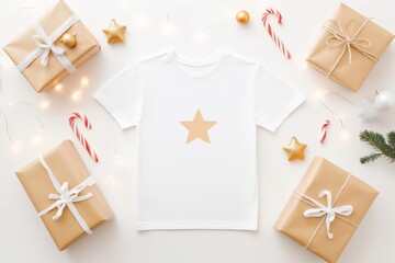 Flat lay of a t-shirt with a minimalist Christmas star design, surrounded by wrapped gifts, candy canes, and twinkling fairy lights, festive and bright holiday mockup