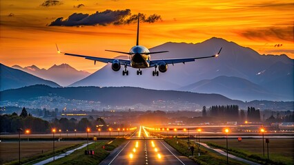 Aircraft landing at YVR at dusk with mountains in the background, Aircraft, landing, YVR, dusk, mountains, background