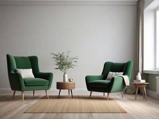 Two Green Velvet Armchairs with Wooden Legs in a Living Room