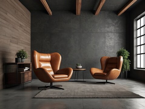 Two Tan Leather Armchairs in a Modern Living Room