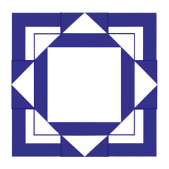 A symmetrical design featuring a central white square surrounded by alternating purple and white geometric shapes