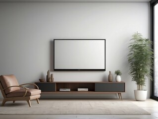 Minimalist Living Room with TV, Armchair, and Plant