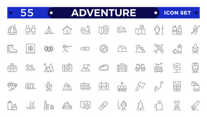 Adventure and trekking line icon set. Included the icons as view, nature, camping, mountain, forest, backpacking, travel, sunset and more.