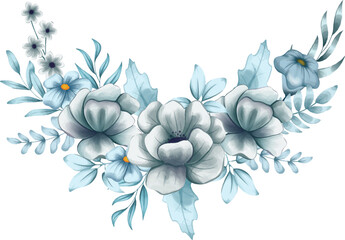 Curved Blue Flower Bouquet Arrangement Watercolor