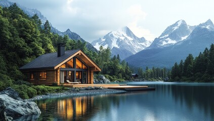 Fototapeta premium A cozy cabin nestled in a serene forest by a tranquil lake with majestic mountains in the background.