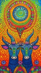 Vibrant Madhubani-Inspired Scarf Design: Two Bulls Amidst Floral Patterns. Traditional Indian Folk Art Meets Modern Accessory in Colorful Abstract Composition. Cultural Heritage Reimagined for Contemp