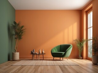 Modern Living Room with Green Armchair, Orange Wall, and Plants