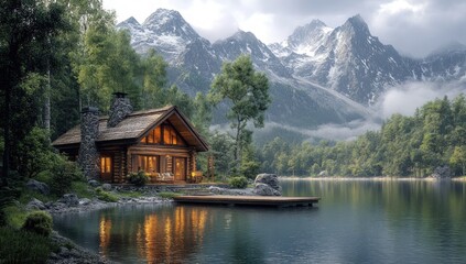 Obraz premium A cozy cabin nestled in a serene forest by a tranquil lake with majestic mountains in the background.