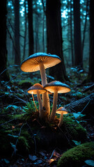 Fototapeta premium Glowing mushrooms in a dark enchanted forest, bioluminescent glowtime, otherworldly and mystical, nature's hidden wonders.