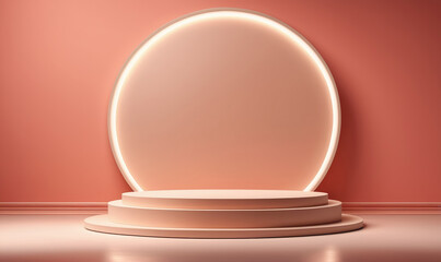 A simple, pink, and white platform stands in front of a glowing circular light, perfect for showcasing products