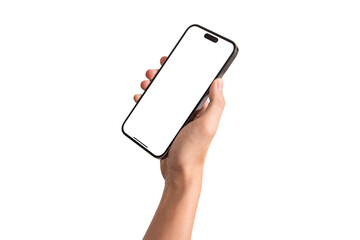 Hand showing smartphone with blank screen isolated on white background. Concepts for business finance, Concept technology, Concept product advertising and Concept marketing. Image high quality for you