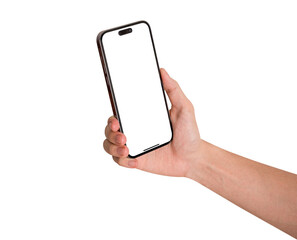 Hand showing smartphone with blank screen isolated on white background. Concepts for business finance, Concept technology, Concept product advertising and Concept marketing. Image high quality for you