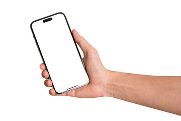 Hand showing smartphone with blank screen isolated on white background. Concepts for business finance, Concept technology, Concept product advertising and Concept marketing. Image high quality for you