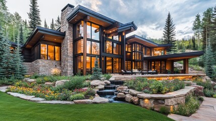 Fototapeta premium Modern Mountain Home with Stunning Waterfall