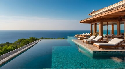 Fototapeta premium AI-Generated image of: Terrace in villa with sunbeds and swimming pool with clear blue water with stunning sea view and sky. Summer resort hotel vacation concept.