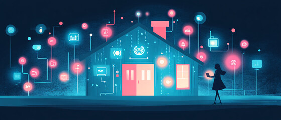 Obraz premium A futuristic house illuminated by glowing icons, showcasing technology and innovation in a dark ambiance.