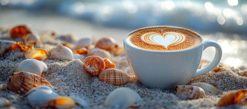 A cup of coffee with latte art on a sandy beach with seashells and waves.