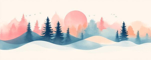 Fototapeta premium A serene watercolor landscape featuring trees and mountains under a pastel sunrise, evoking a sense of calm and tranquility.