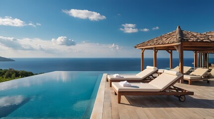 Fototapeta premium AI-Generated image of: Terrace in villa with sunbeds and swimming pool with clear blue water with stunning sea view and sky. Summer resort hotel vacation concept.