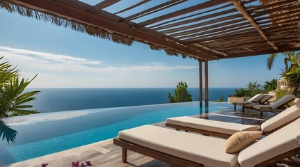 AI-Generated image of: Terrace in villa with sunbeds and swimming pool with clear blue water with stunning sea view and sky. Summer resort hotel vacation concept.